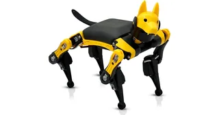 Perro robot Petoi Bittle X V2 negro y amarillo, con las cuatro patas articuladas, en una fotografía oficial sobre fondo blanco.