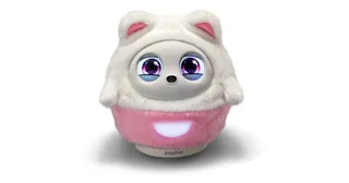 Render promocional oficial de Pophie completo, con funda de gato de peluche, ojos en pantalla y base rosa, sobre fondo blanco.