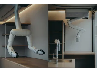 Render oficial de MW bot con brazos robóticos integrados en el techo de una vivienda