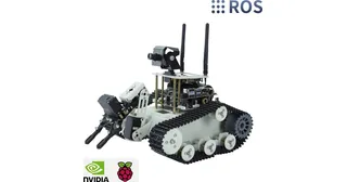 Robot Transbot SE gris con orugas, brazo y cámara orientable, en una imagen comercial de Yahboom con logotipos de plataformas