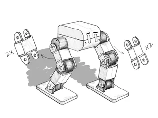 Boceto publicado por el proyecto KuroKun que muestra el diseño completo del bípedo, con dos piernas articuladas y pies planos.