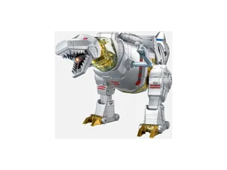 Grimlock Flagship de Robosen en forma de dinosaurio plateado con patas doradas