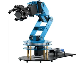 Brazo azul y negro LeArm AI de Hiwonder con pinza sobre su base electrónica