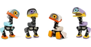 Cuatro Microduck de Pollen Robotics en distintos colores y posturas sobre fondo blanco.