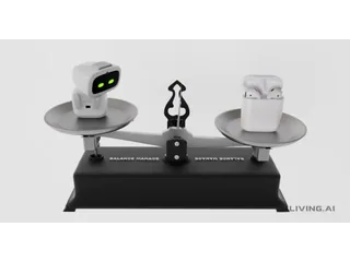 Fotografía de AIBI Pocket en un platillo de una balanza, frente a un estuche con auriculares; miniatura del vídeo oficial de LivingAI.