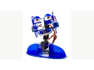 Cabeza azul de Ohbot 2.2 con sus mecanismos de ojos, párpados y boca