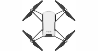 Vista superior del dron Tello de Ryze Robotics, con carcasa blanca y cuatro hélices.