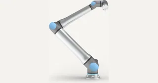 Render oficial del brazo industrial UR20 de Universal Robots, con articulaciones azules.