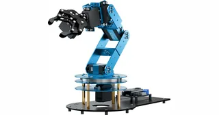 Brazo azul y negro LeArm AI de Hiwonder con pinza sobre su base electrónica