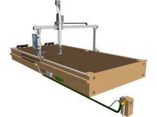 Render del pórtico FarmBot Genesis v1.8 instalado sobre un bancal rectangular de madera