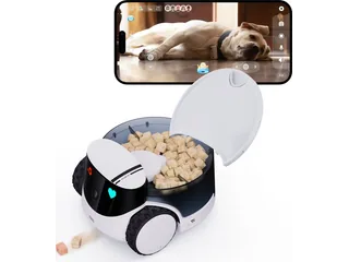 Imagen comercial de ROLA PetPal blanco con dispensador abierto y una pantalla de móvil mostrando un perro