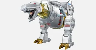 Grimlock Flagship de Robosen en forma de dinosaurio plateado con patas doradas