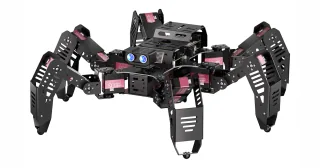 Spiderbot de Hiwonder con seis patas negras y estructura metálica.