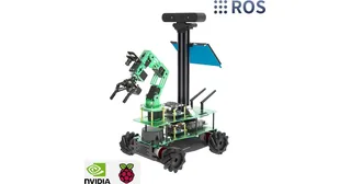 ROSMASTER X3 PLUS con brazo articulado, cámara, lidar y ruedas Mecanum en un montaje de Yahboom