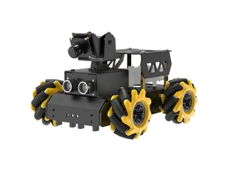 TurboPi negro con cuatro ruedas Mecanum amarillas, cámara móvil y sensor ultrasónico