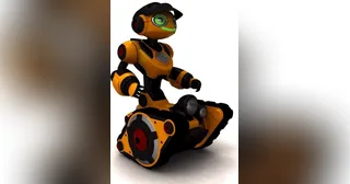 Roborover amarillo y negro completo sobre sus orugas, con cabeza y brazos visibles.