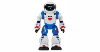 Bruce Bot blanco y azul con detalles rojos y rostro LED.