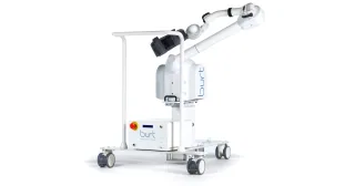 Robot Burt de Barrett con su soporte para el brazo, columna y base con ruedas.