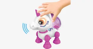 Imagen oficial de Robo Heads Up Unicorn rosa y blanco, con una mano sobre su cabeza.