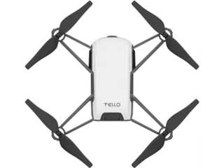 Vista superior del dron Tello de Ryze Robotics, con carcasa blanca y cuatro hélices.