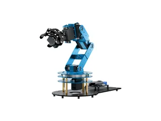 Brazo azul y negro LeArm AI de Hiwonder con pinza sobre su base electrónica