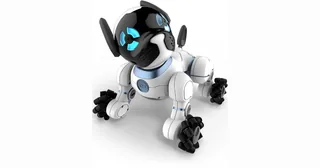 CHiP, perro robot blanco y azul con ruedas en los apoyos de sus cuatro patas.