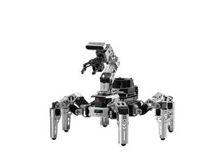 Render oficial del hexápodo ROSpider gris con seis patas y un brazo superior.