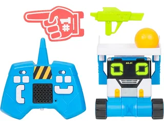 MiBRO azul y amarillo completo junto a su mando de radio y accesorios de juego sobre fondo blanco.