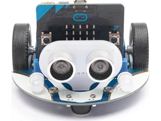 Cutebot azul con frontal blanco, sensor ultrasónico, dos ruedas y micro:bit en el montaje de Elecfreaks