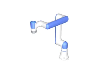 Representación técnica del brazo DOBOT Nova 5 blanco y azul, en una postura elevada sobre su base