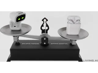 Fotografía de AIBI Pocket en un platillo de una balanza, frente a un estuche con auriculares; miniatura del vídeo oficial de LivingAI.