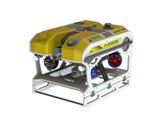 Render oficial del ROV ARGOS amarillo, con bastidor rectangular y propulsores visibles.