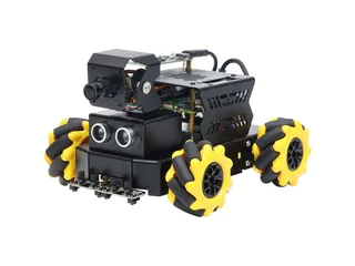 Raspbot V2 negro con ruedas Mecanum amarillas, cámara sobre soporte de dos ejes y sensor ultrasónico
