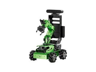 Fotografía oficial del JetAuto Pro verde con ruedas mecanum, brazo superior y pantalla.