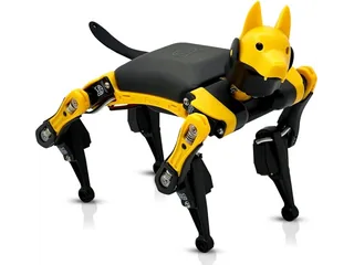 Perro robot Petoi Bittle X V2 negro y amarillo, con las cuatro patas articuladas, en una fotografía oficial sobre fondo blanco.