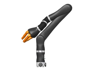 Render técnico completo del Kinova JACO Research Edition de seis ejes, con mano de tres dedos y base fija sobre fondo blanco.