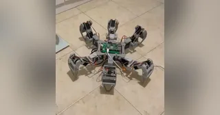 Fotograma recortado del inicio del vídeo de mike-tr, con el hexápodo completo de seis patas grises sobre suelo claro.