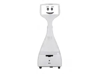 Cutii de CareClever, con pantalla facial sobre un cuerpo blanco y base con ruedas.