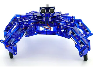 Hexy azul de cuerpo completo, con seis patas articuladas y sensor ultrasónico frontal.