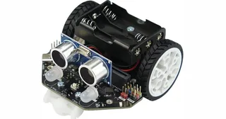 Maqueen Lite V5 negro con dos ruedas, sensores y módulo ultrasónico
