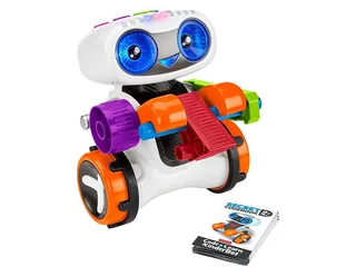 Code ’n Learn Kinderbot completo, con sus ruedas, botones de colores y accesorios visibles sobre fondo blanco.