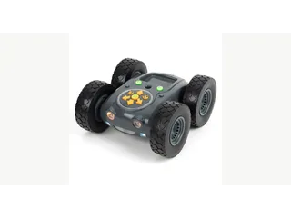 Rugged Robot de TTS gris con cuatro ruedas y botones de programación en la parte superior