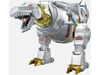 Grimlock Flagship de Robosen en forma de dinosaurio plateado con patas doradas