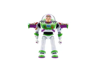 Fotografía oficial del robot Buzz Lightyear de Robosen de pie, con las alas desplegadas y el casco transparente, sobre fondo blanco.