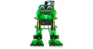 Robot bípedo Frog KS0446 de acrílico verde con sensor ultrasónico sobre la cabeza y dos pies anchos.