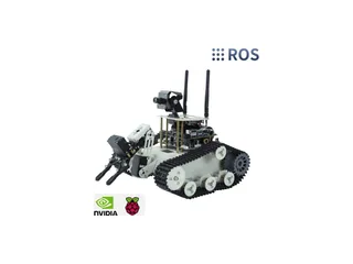 Robot Transbot SE gris con orugas, brazo y cámara orientable, en una imagen comercial de Yahboom con logotipos de plataformas