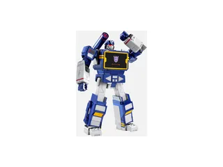 Soundwave Flagship de Robosen azul y blanco, erguido con los brazos levantados y el emblema Decepticon en el pecho