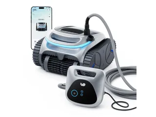 Render oficial del limpiador de piscinas BUBLUE BuHybrid L6 Gen2 completo, con cable y elementos de control.