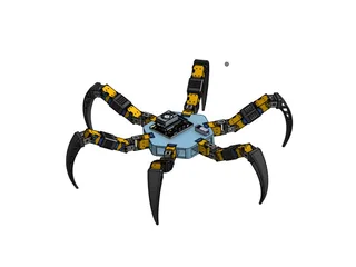 Render CAD publicado por Harrison Bounds de su hexápodo completo, con cuerpo azul y seis patas negras y amarillas.