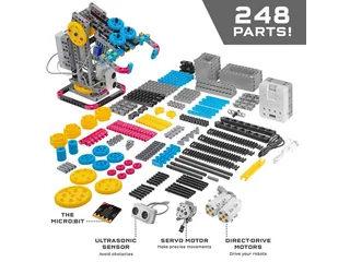 Imagen oficial del kit Robotics Workshop con micro:bit y un montaje de ejemplo.